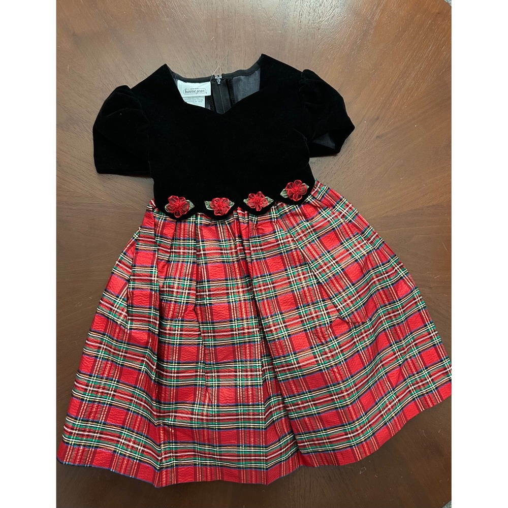 Vintage Bonnie Jean Girls Black Velvet Red Plaid Holiday Christmas Dress Size 4